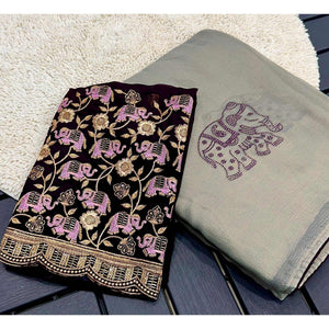 Grey Swarovski Embroidered Art Silk Saree