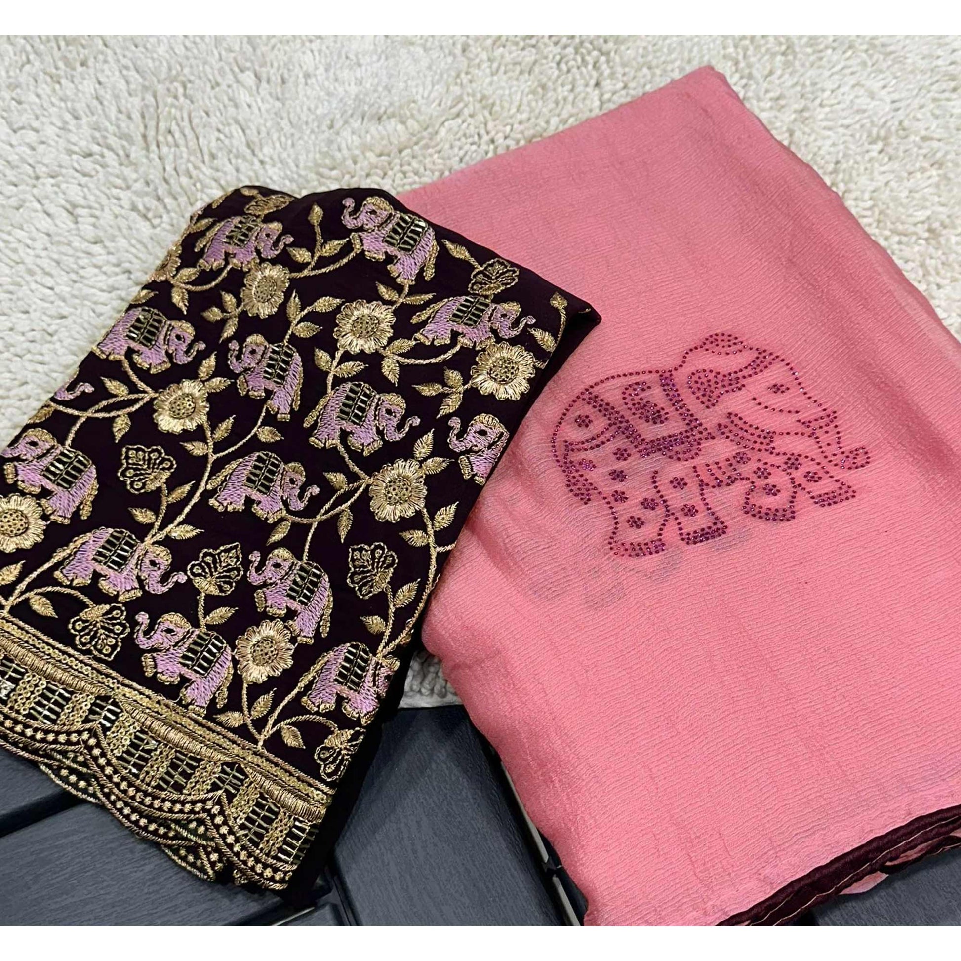Pink Swarovski Embroidered Art Silk Saree