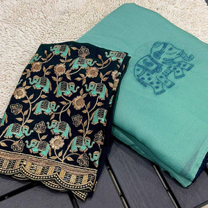 Turquoise Swarovski Embroidered Art Silk Saree