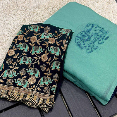 Turquoise Swarovski Embroidered Art Silk Saree