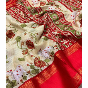 Cream Floral Printed Kota Doria Saree