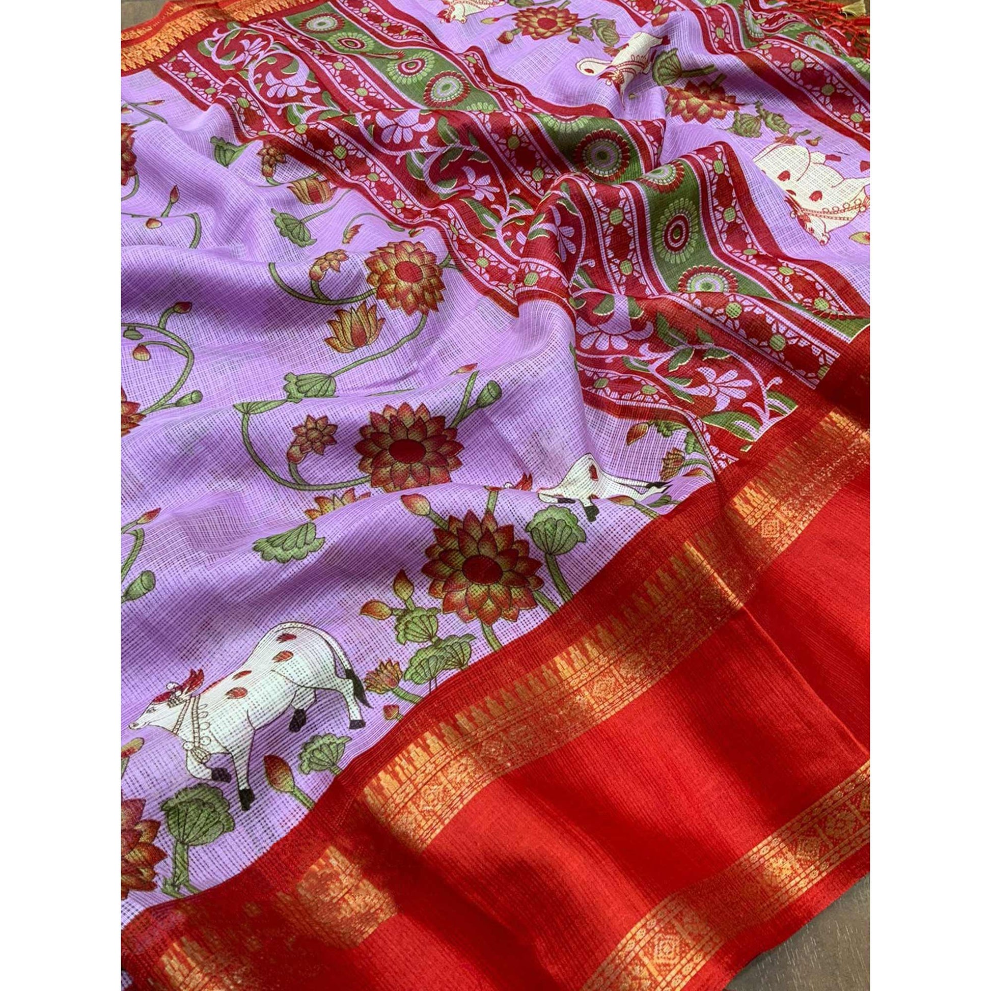 Lavender Floral Printed Kota Doria Saree