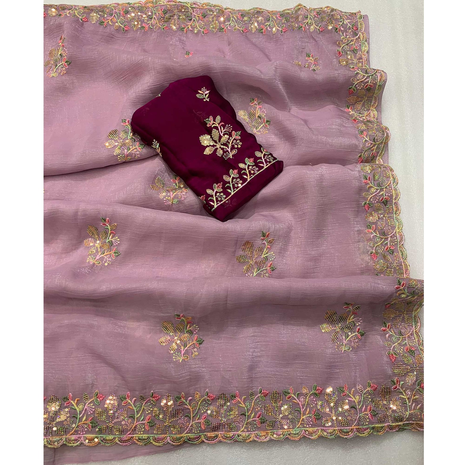 Lavender Floral Embroidered Crunchy Chiffon Saree