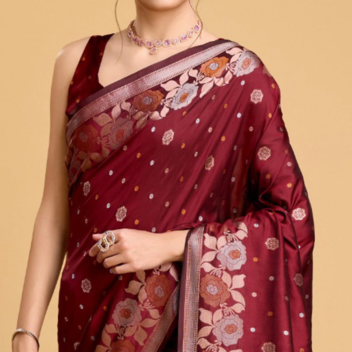 Maroon Floral Woven Banarasi Silk Saree