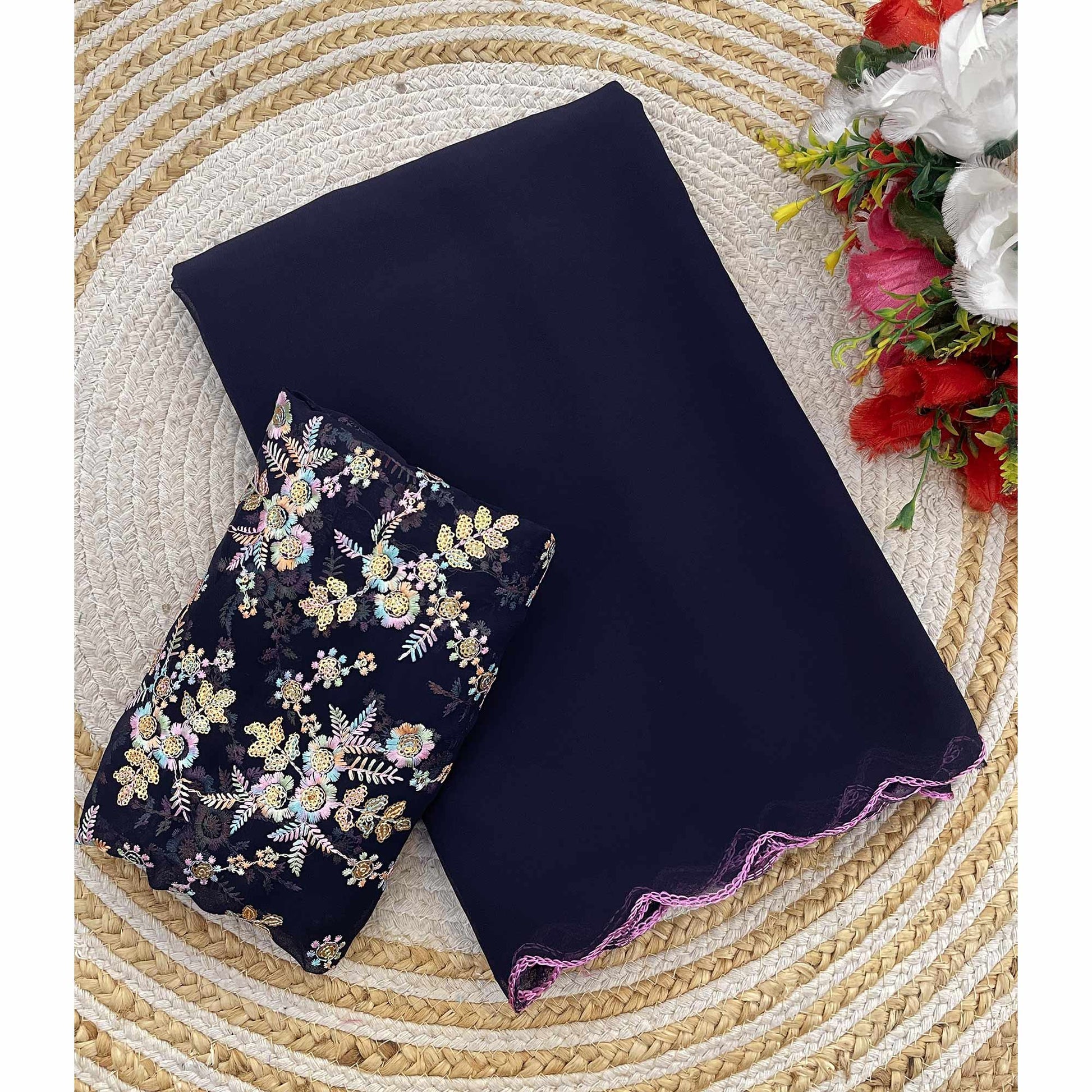 Blue Solid Georgette Saree