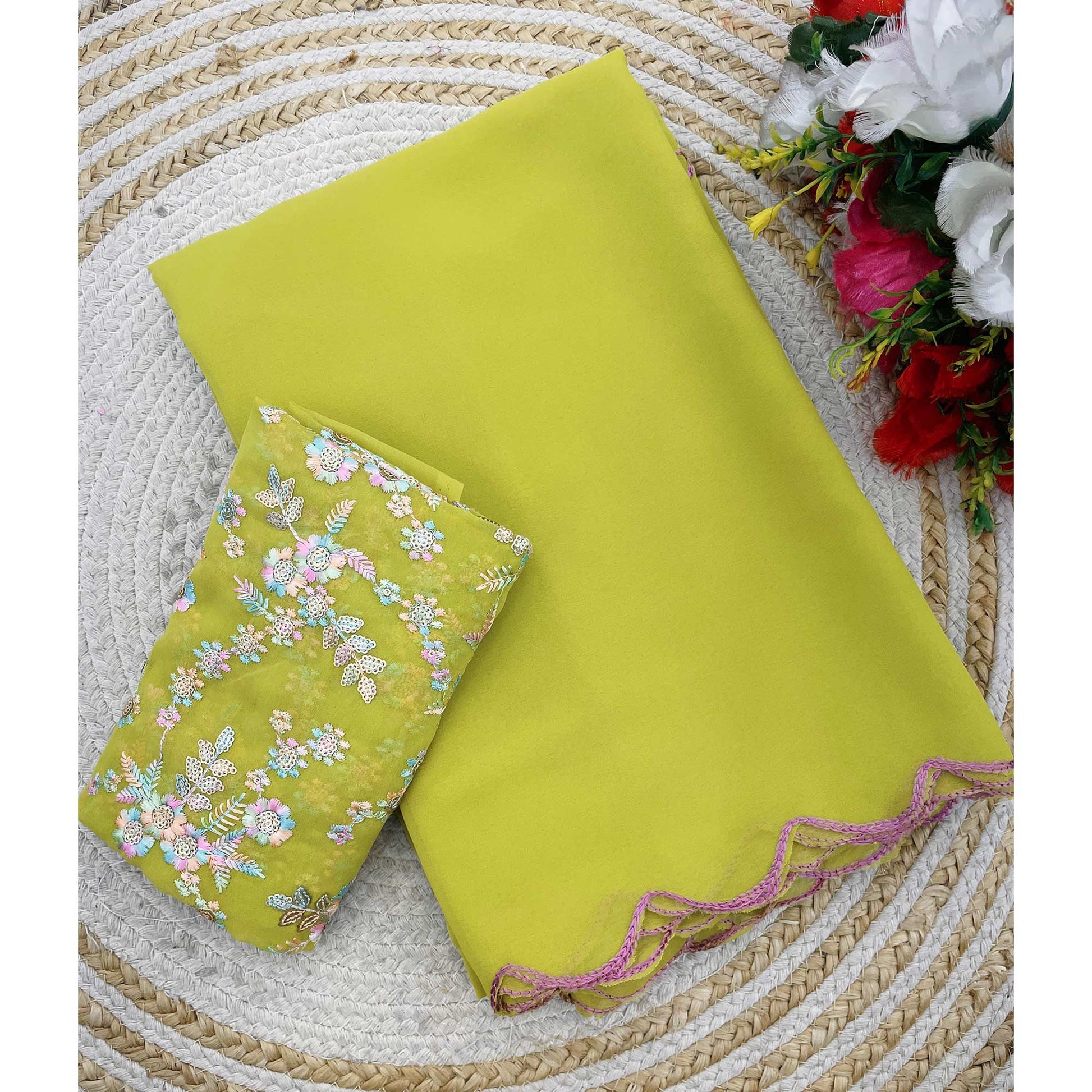 Lemon Green Solid Georgette Saree