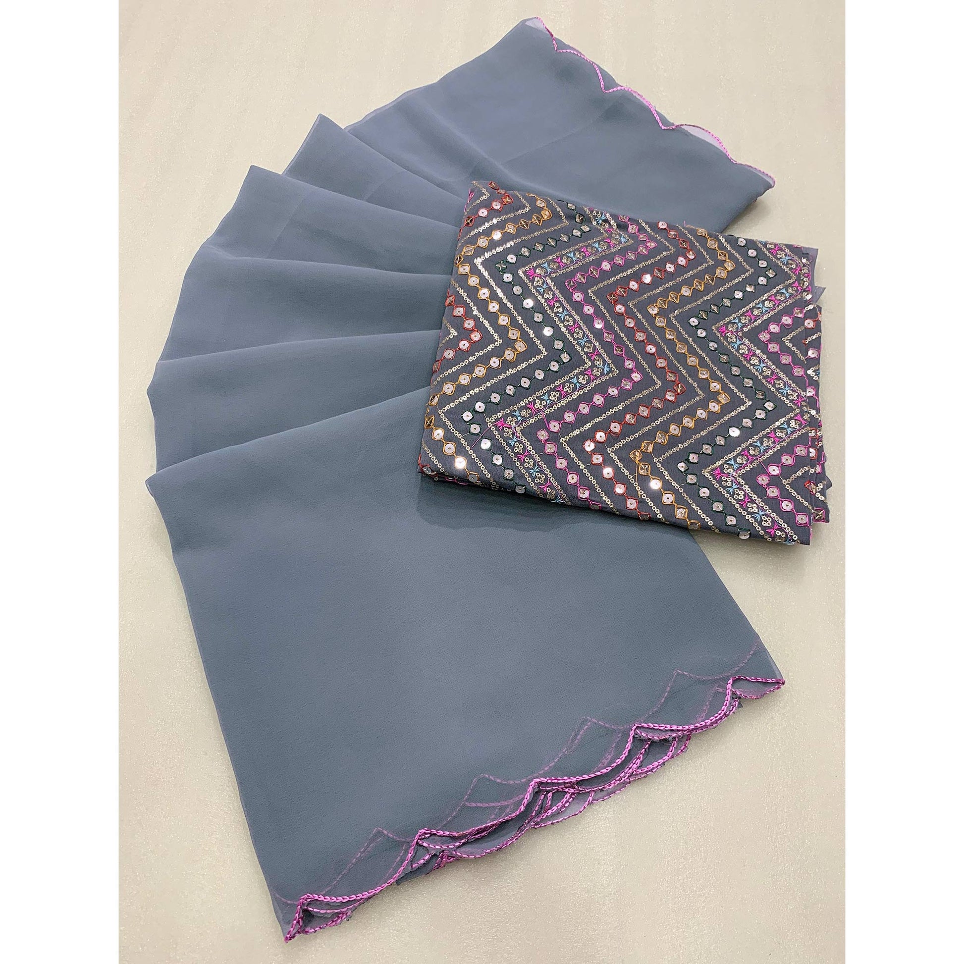 Grey Solid Georgette Saree