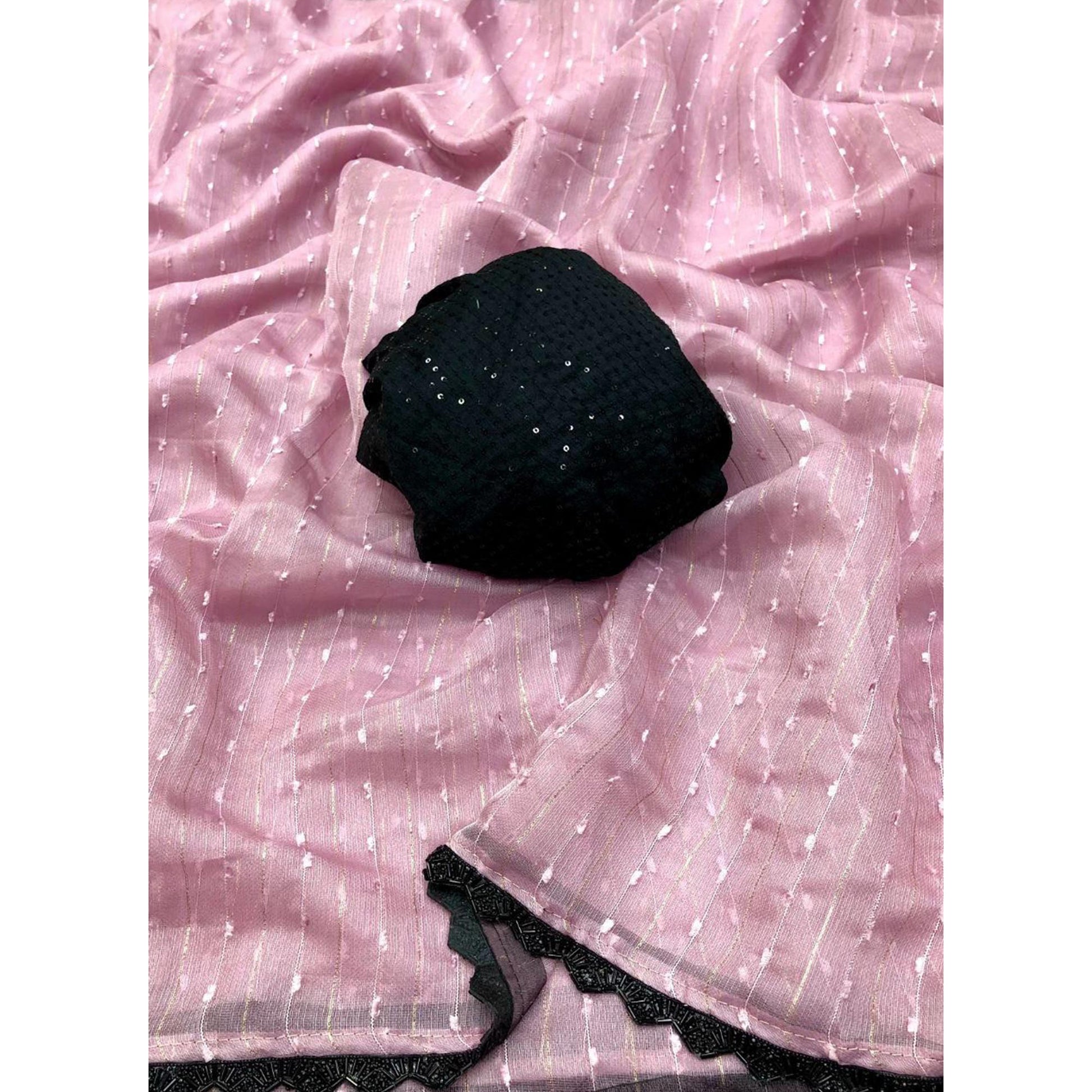 Dusty Pink Woven Organza Saree With Beads Work Border