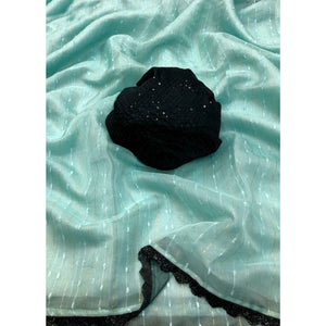 Light Turquoise Woven Organza Saree With Beads Work Border