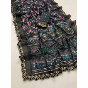 Black Floral Digital Printed Tussar Silk Saree With Sequins Embroidered Border