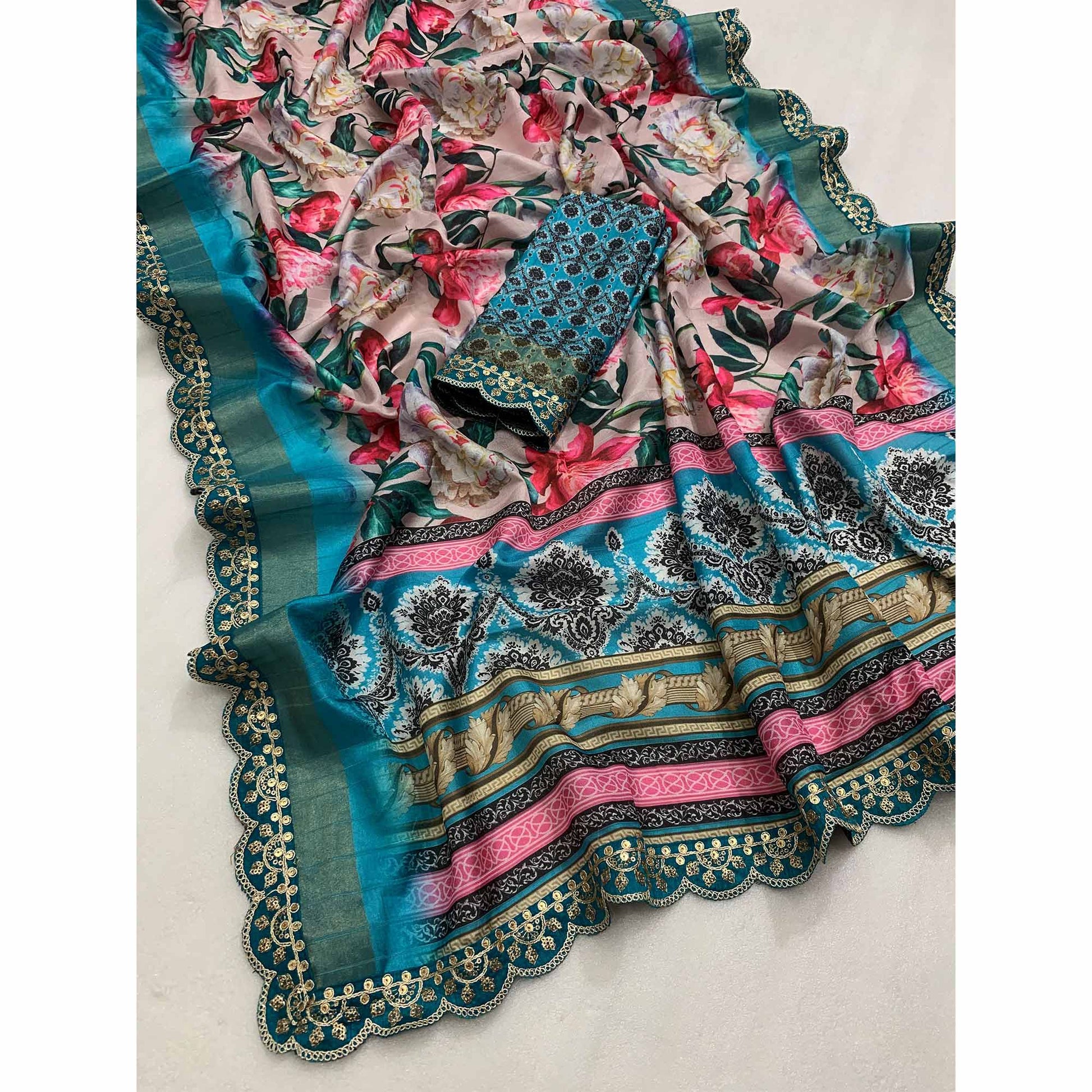 Cream & Blue Floral Digital Printed Tussar Silk Saree With Sequins Embroidered Border