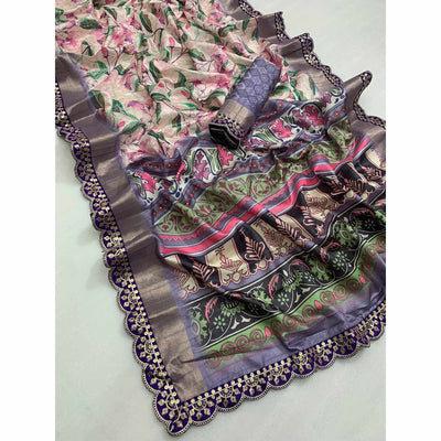 Cream & Violet Floral Digital Printed Tussar Silk Saree With Sequins Embroidered Border