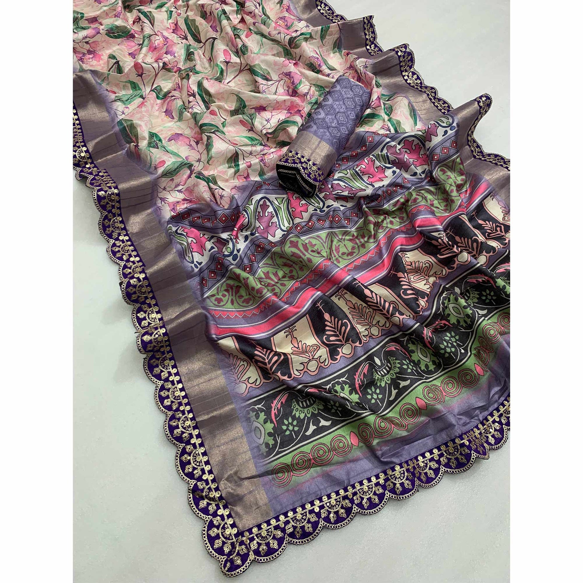 Cream & Violet Floral Digital Printed Tussar Silk Saree With Sequins Embroidered Border