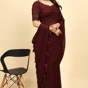 Dark Maroon Striped Zari Woven Chiffon Saree With Tassels
