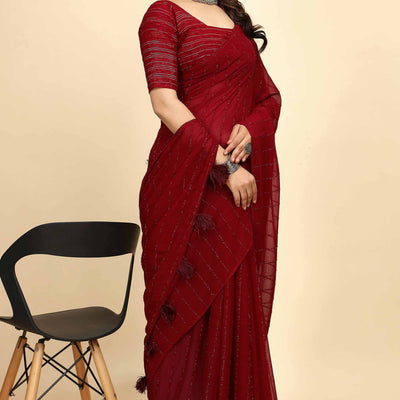 Dark Red Striped Zari Woven Chiffon Saree With Tassels