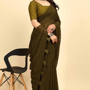 Mehendi Green Striped Zari Woven Chiffon Saree With Tassels