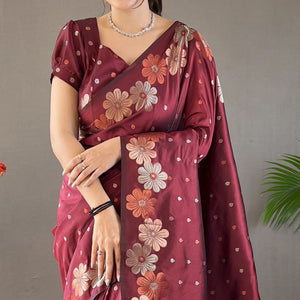 Maroon Floral Zari Woven Pure Silk Saree