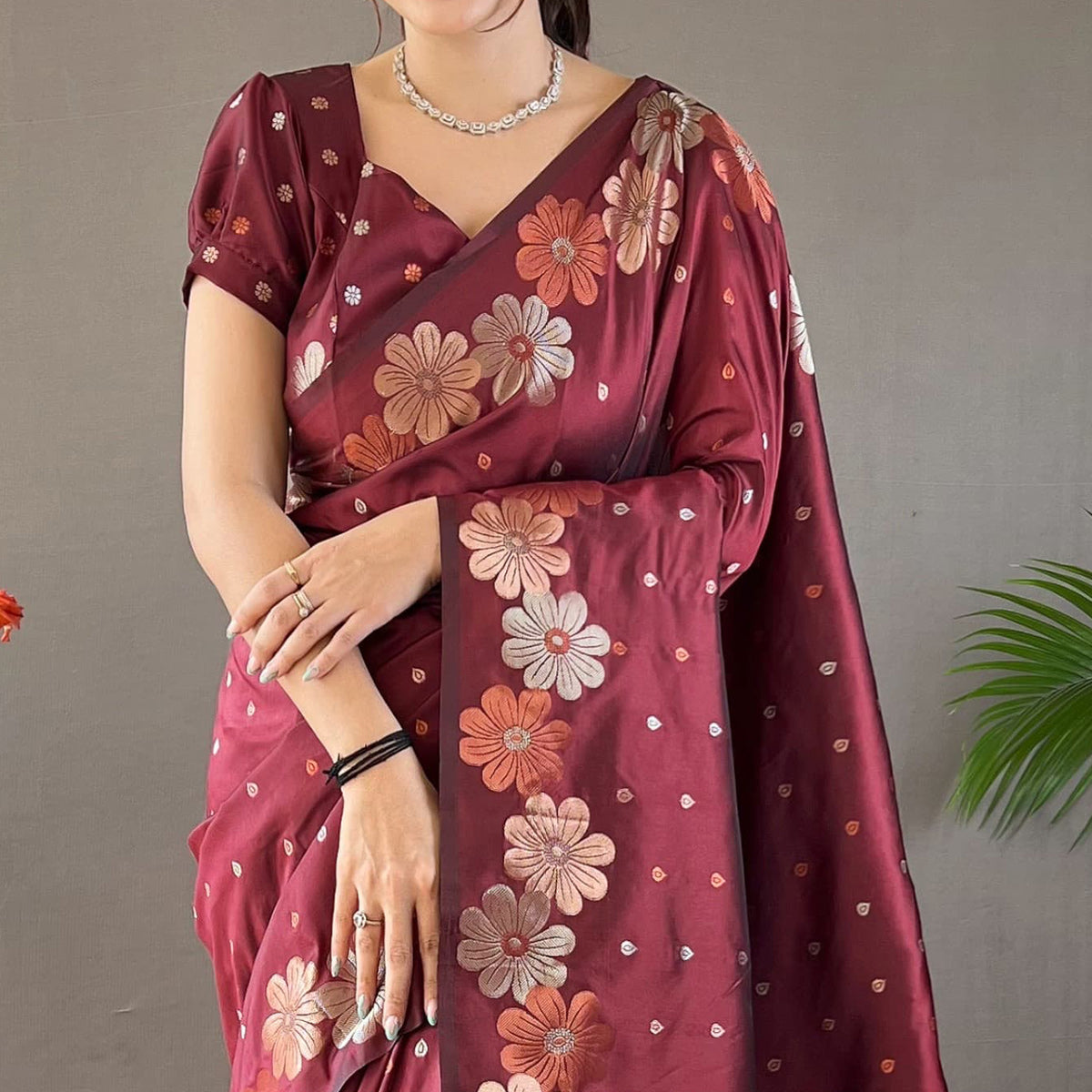 Maroon Floral Zari Woven Pure Silk Saree