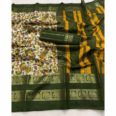 green-kalamkari-printed-dola-silk-saree