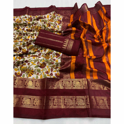 Maroon Kalamkari Printed Dola Silk Saree