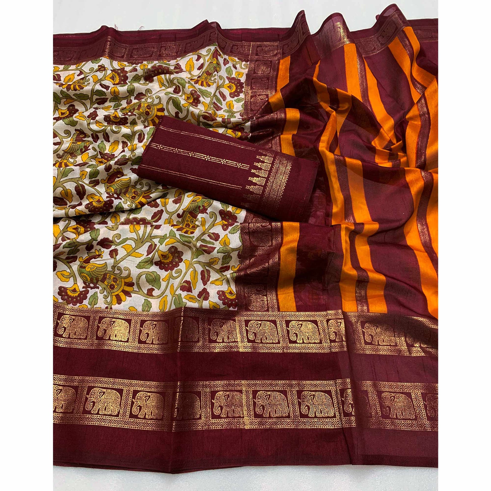 Maroon Kalamkari Printed Dola Silk Saree