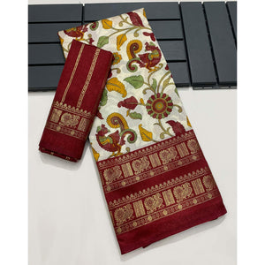 Maroon Floral Printed Dola Silk Saree