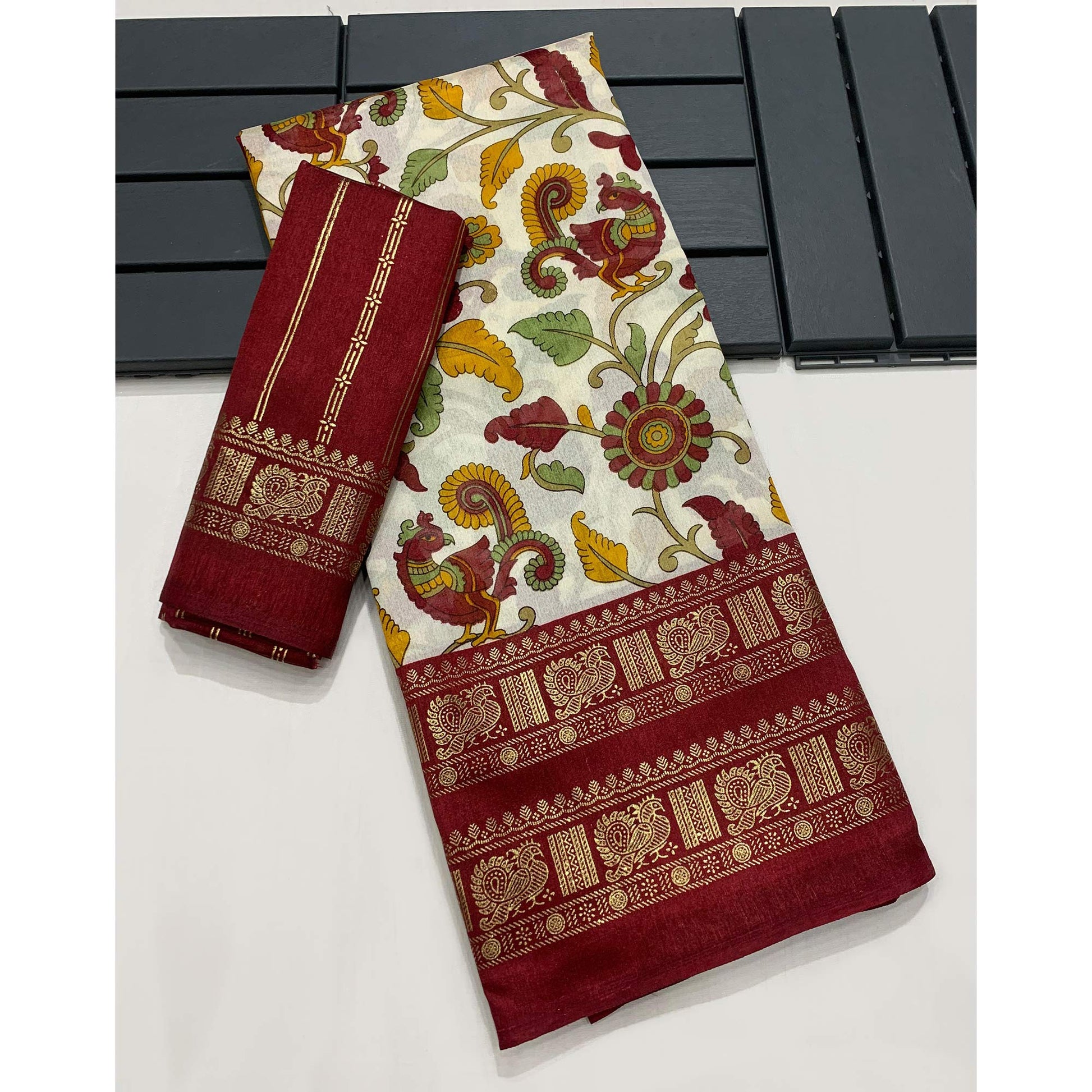 Maroon Floral Printed Dola Silk Saree