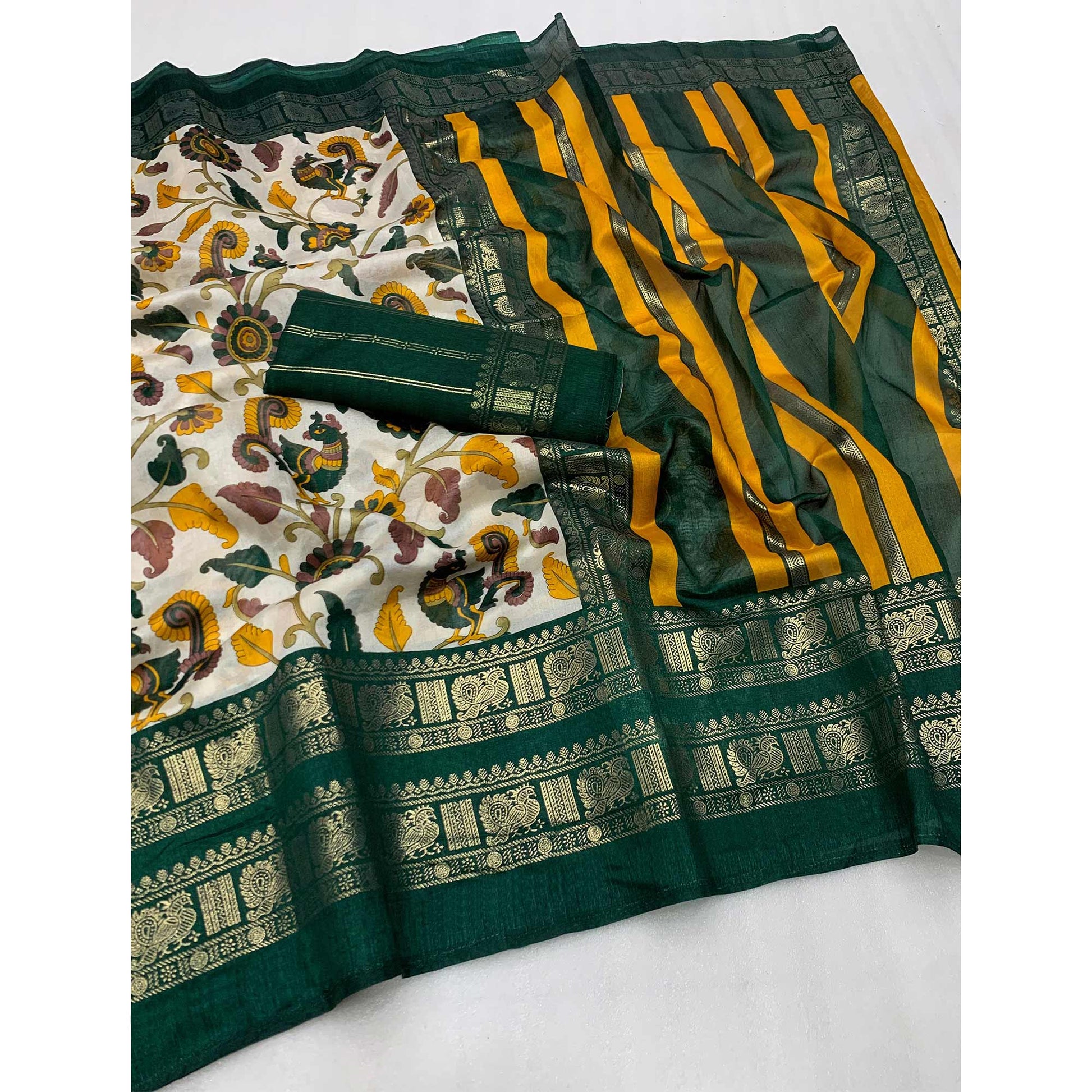 green-kalamkari-printed-dola-silk-saree-1