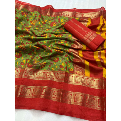 green-floral-kalamkari-printed-dola-silk-saree