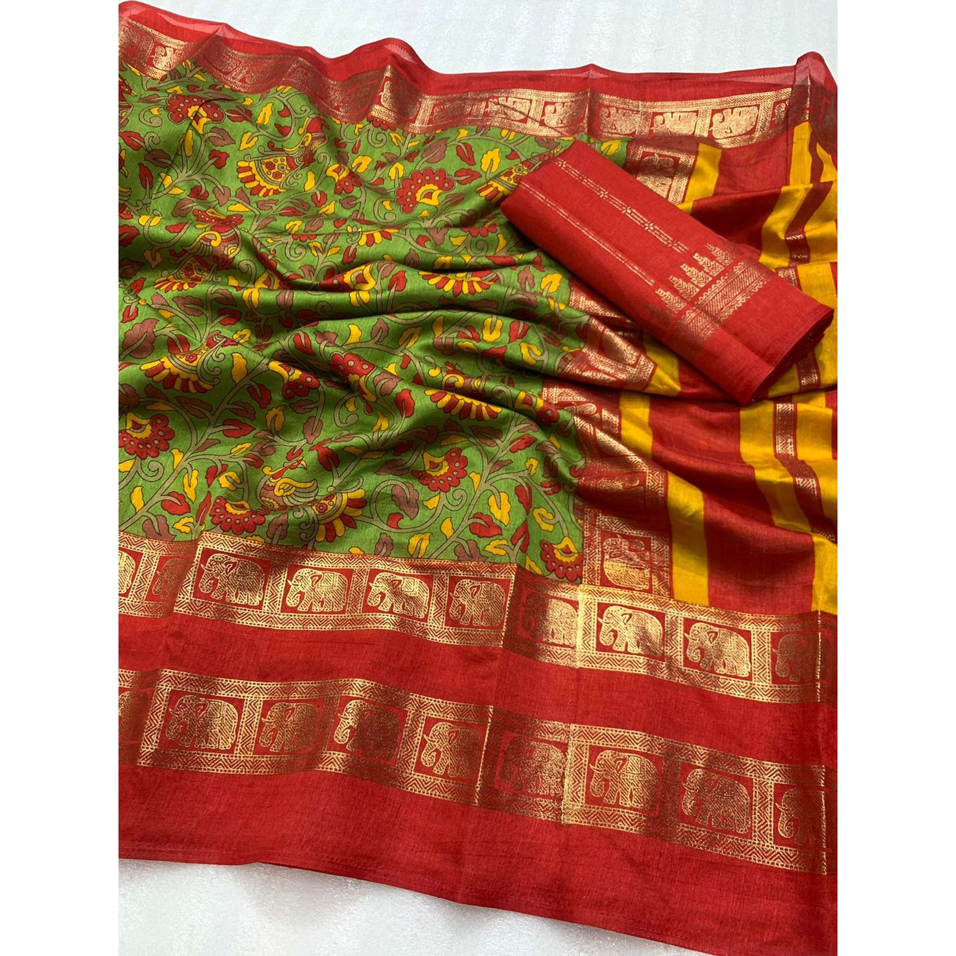 green-floral-kalamkari-printed-dola-silk-saree