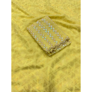 Lemon Yellow Geometric Foil Printed Georgette Saree With Tassels
