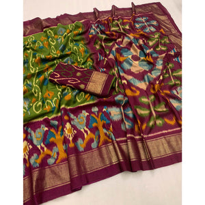 green-magenta-ikkat-foil-printed-dola-silk-saree