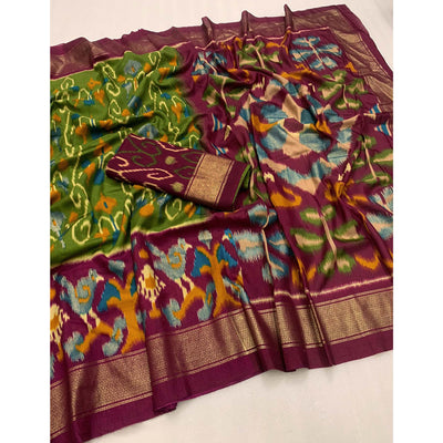 green-magenta-ikkat-foil-printed-dola-silk-saree