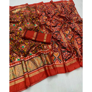 Maroon Ikkat Foil Printed Dola Silk Saree