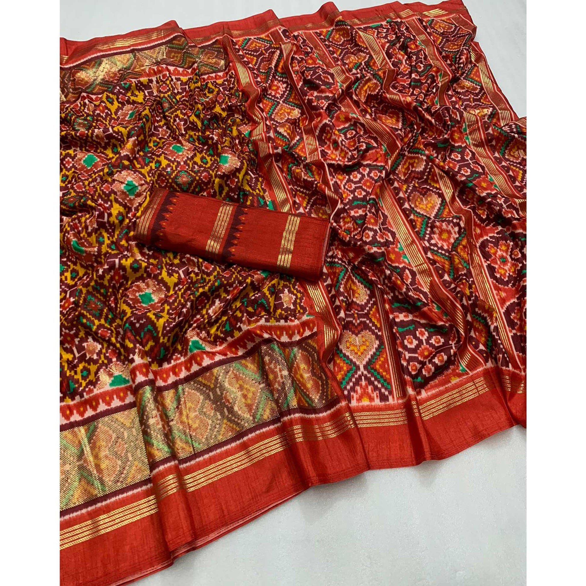 Maroon Ikkat Foil Printed Dola Silk Saree