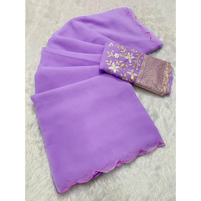 Lavender Solid Georgette Saree With Embroidered Border
