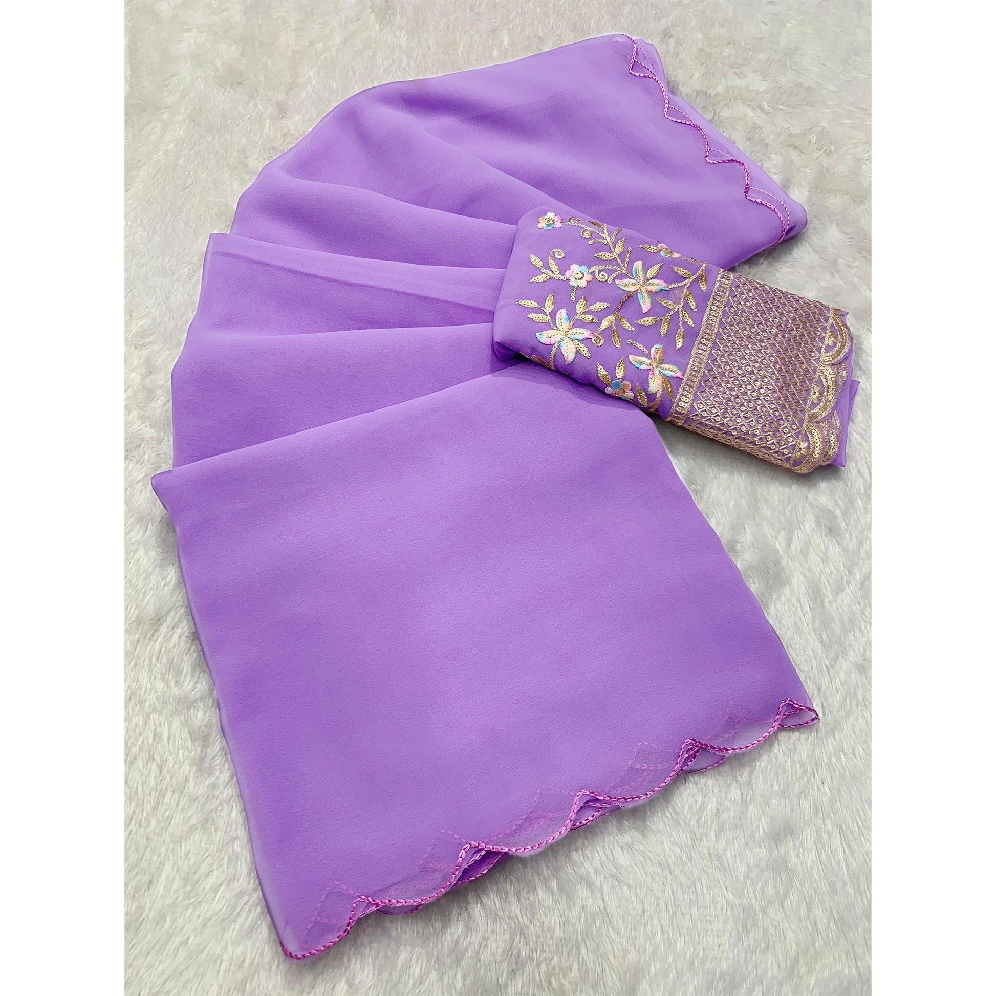 Lavender Solid Georgette Saree With Embroidered Border