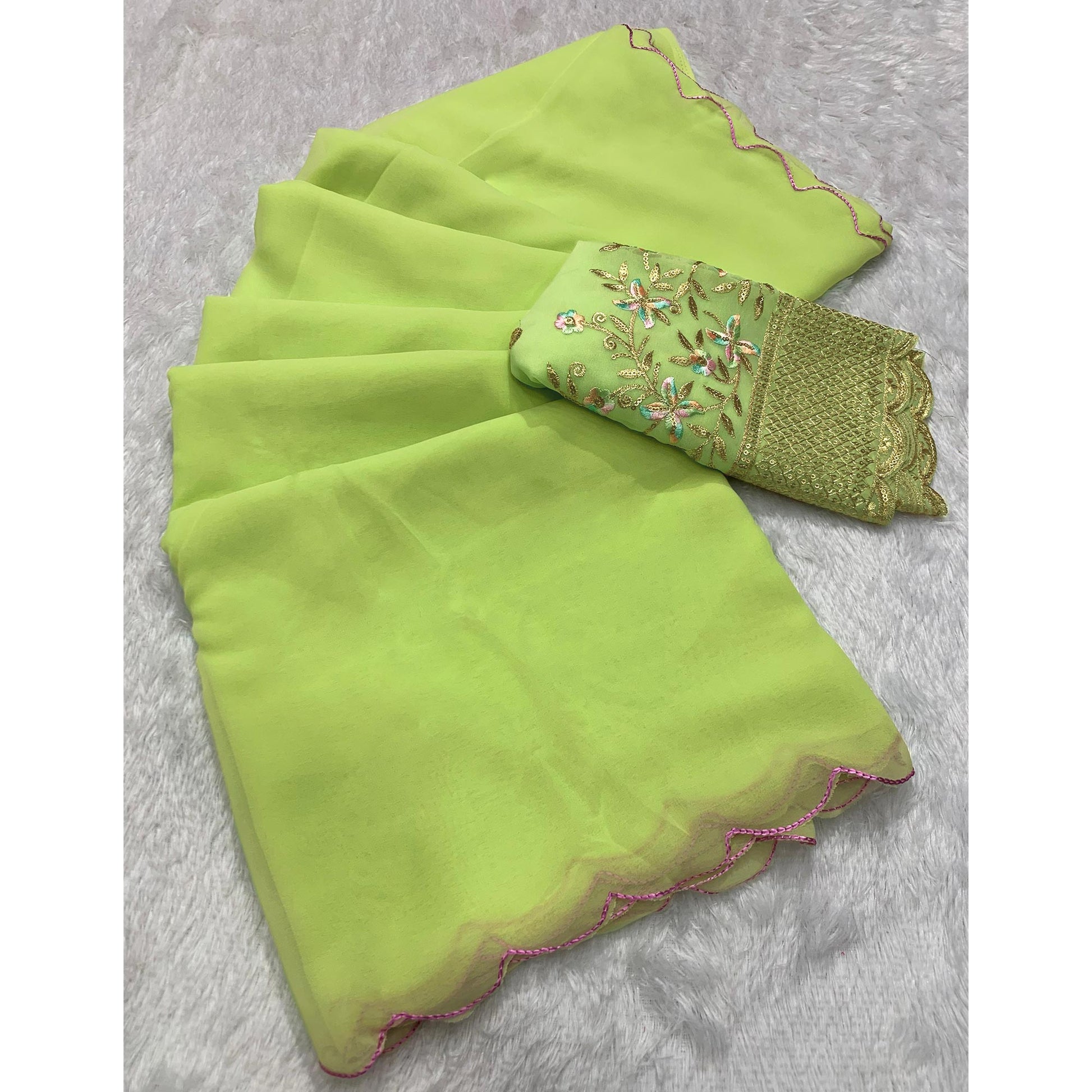 Light Green Solid Georgette Saree With Embroidered Border