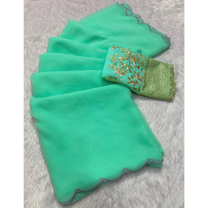 Mint Green Solid Georgette Saree With Embroidered Border