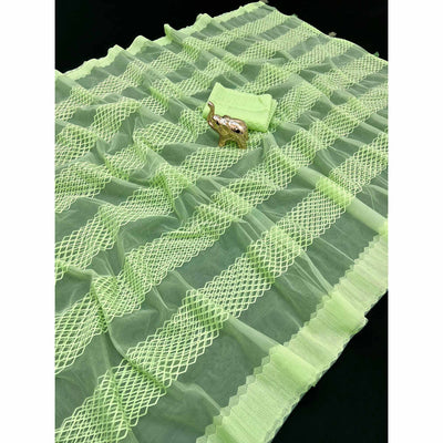 green-woven-thread-work-net-saree-with-tassels
