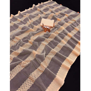 Light Peach Woven Thread Work Net Saree With Tassels