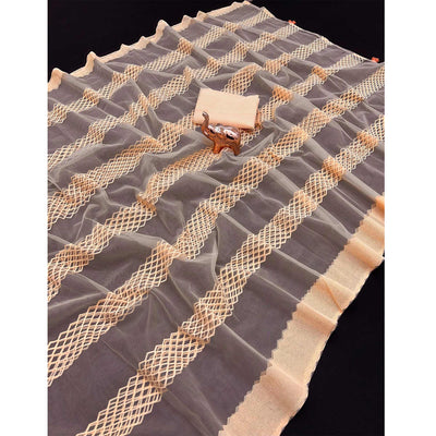 Light Peach Woven Thread Work Net Saree With Tassels