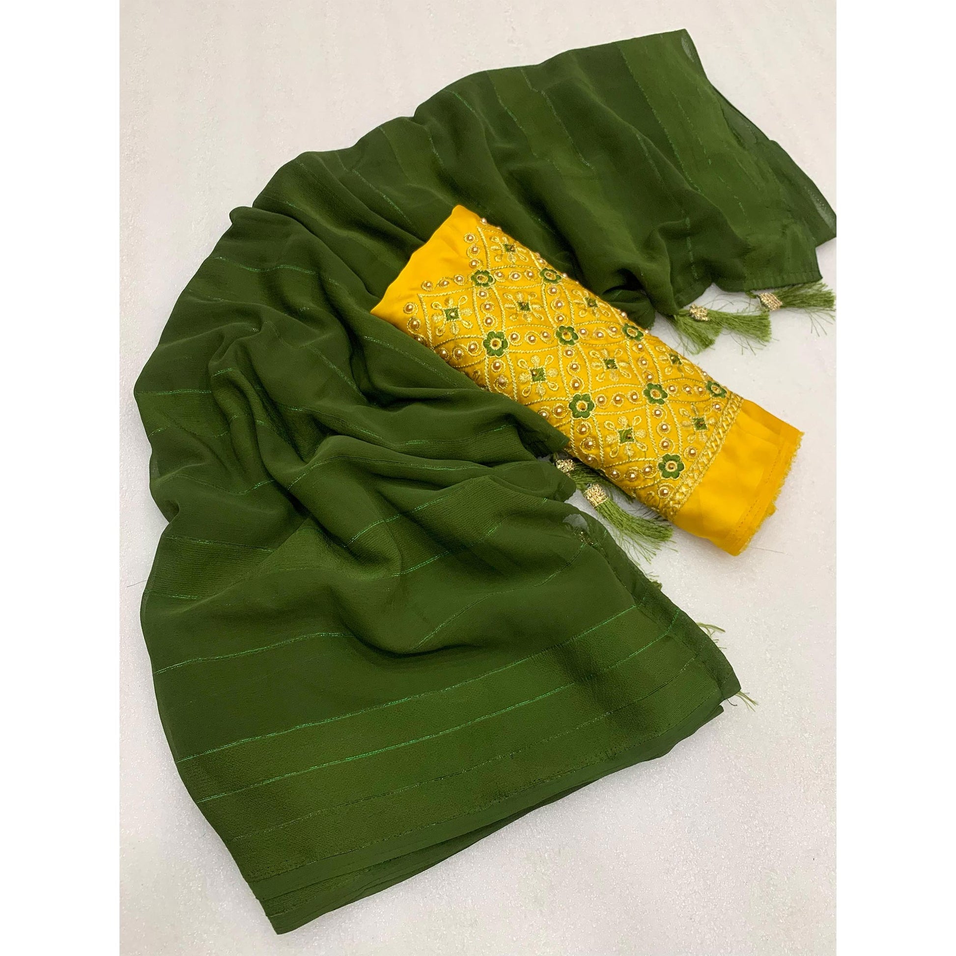 Mehendi Green Zari Woven Georgettte Saree With Tassels