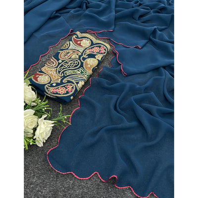 Blue Solid Georgette Saree With Embroidered Border
