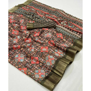 Mehendi Green Floral Digital Printed Tussar Silk Saree