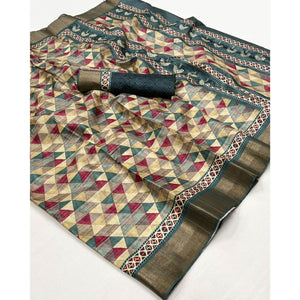 Multicolor Geometric Digital Printed Tussar Silk Saree