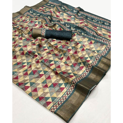 Multicolor Geometric Digital Printed Tussar Silk Saree
