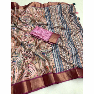 Light Pink Digital Printed Tussar Silk Saree