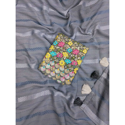 Grey Zari Woven Georgette Saree With Tassels