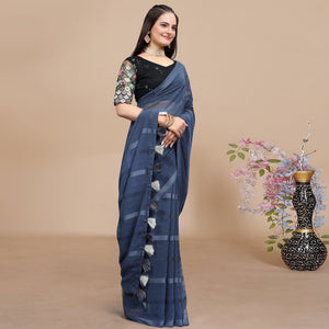 Bluish Grey Woven Georgette Saree With Tassels